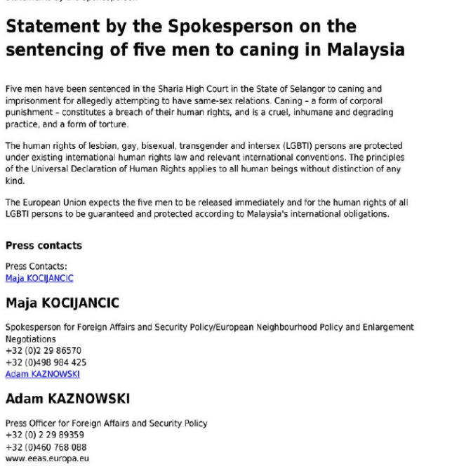 欧盟呼吁马来西亚释放因同性关系被判刑的男子 - 51虹马